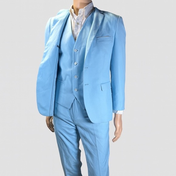 The Unbranded Brand Other - 3 Piece Suit Men's 38R (XS) Jacket Vest Pants 30-34 X 29 Adj Waist Light Blue